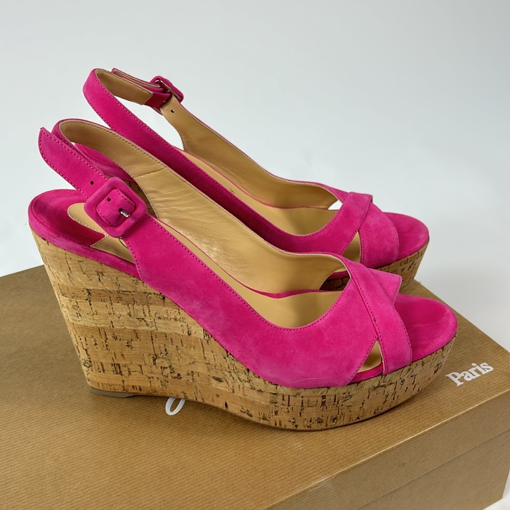 Christian Louboutin Pink Suede Cork Wedge Sandals - Picture 5 of 8